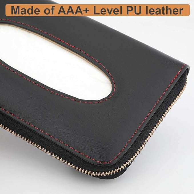 Car Tissue Holder, Sun Visor Tissue Holder, Car Visor Napkin Holder, PU Leather Backseat Tissue Case Holder for Auto Vehicle with Zipper (Black) - Image 3