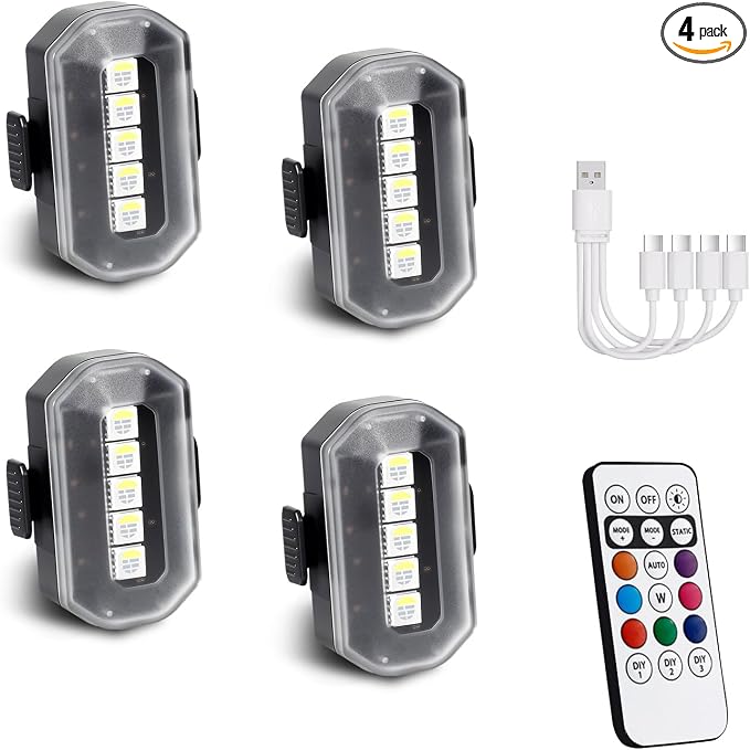 PIFOOG 4-Pack Wireless Strobe Lights for Car, Rechargeable LED Warning Lights with Remote Control, IP67 Waterproof, USB-C Fast Charging, 8 Colors, 3 Brightness Levels for Motorcycle, Bike & Scooter by PIFOOG