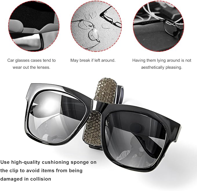 2 PCS Glasses Holders for Car Sun Visor, Bling Crystal Rhinestones Car Sunglasses Holder with Ticket Card Clip, Eyeglasses Hanger Mount for Women Girls, Car Interior Accessories (Gray) - Image 5