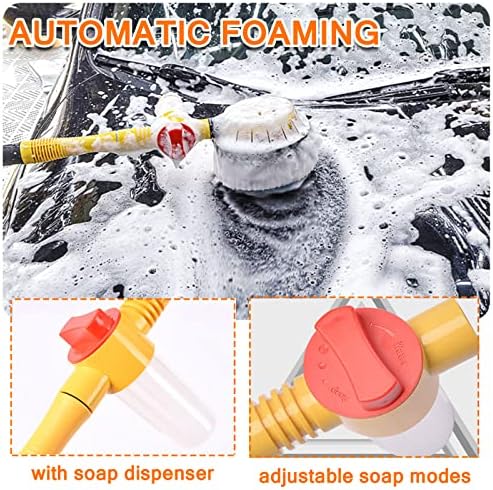 Car Wash Brush with Hose Attachment, 360 Spin Car Wash Brush with Soap Dispenser, Soft Bristle Car Cleaning Brush Mop Scrub Brush, Flow Through Car Washing Brush Kit Long Handle (Yellow) - Image 4