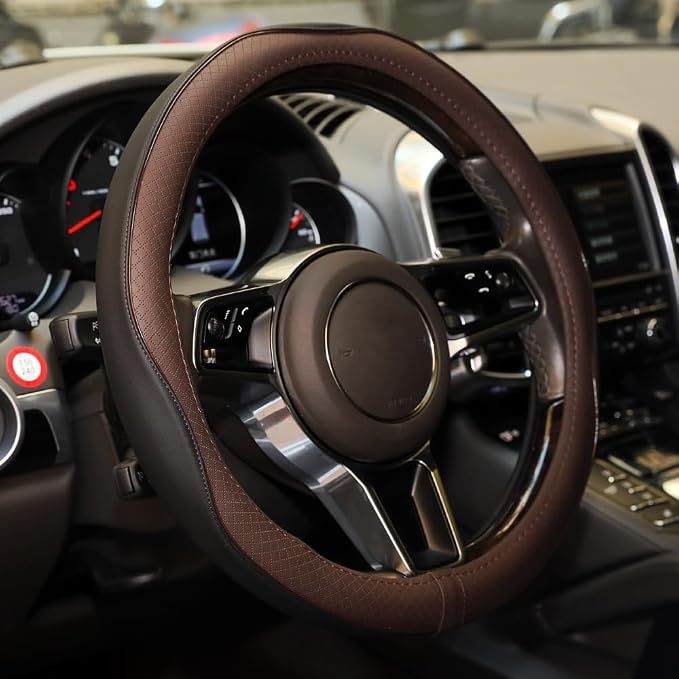 Gomass Car Steering Wheel Cover, Anti-Slip, Safety, Soft, Breathable, Heavy Duty, Thick, Full Surround, Sports Style (Black Brown) - Image 2