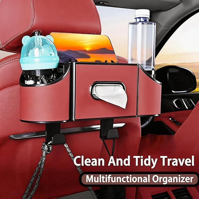 Back Seat Car Organizer,4 in 1 Multifunctional Car Back Seat Storage Box with Drink Cup Holder Tissue Box, for Hold Phone,Snacks, Drinks, Handbag-Red - Image 3