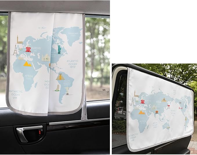 Magnetic Car Sun Shade Curtain for Side Window – Sun Blocker and UV Protector for Baby, Kids, and Pets – Universal Fit with Built-in Magnets for Steel-Framed Door (Be-Travel Map) - Image 3