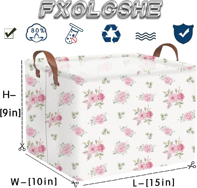 Rectangular Rose Pink Flower Basket for Girls,Waterproof collapsible laundry basket for girls,Kids Storage Baskets,Books Box,Gift Baskets,Baby Room Decor(Pink Flowers) - Image 7