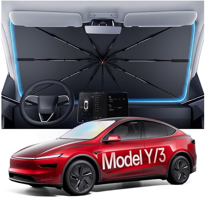 Windshield Sun Shade for Tesla Model Y 2020-2026 (Include Juniper) | Foldable Umbrella Sunshade with 100% UV Block, Multi-Layer Heat Insulation, Keeps Car Cooler, Summer Car Accessory by Amadaw