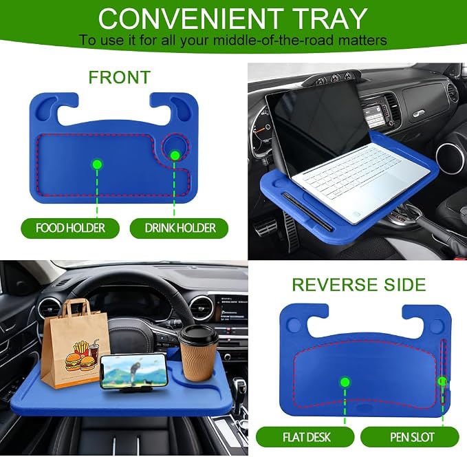 Car Steering Wheel Desk, Portable Car Tray, Durable Multi-Functional Travel Workstation with Cup Holder, Car Essentials Portable Laptop Tray & Eating Table for Most Vehicles Road Trip (Blue) - Image 4