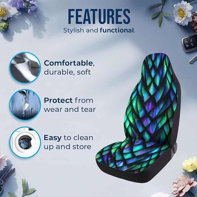 GENANY Holographic Dragon Scale Car Seat Covers, 2-Piece Front Seat Set | 2-piece polyester front seat cover set, each 35 x 21 x 21 inches, with adjustable straps and hooks - Image 5