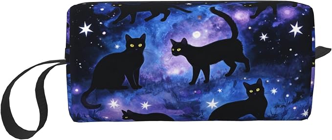 Black Cats Galaxy Stars Makeup Bag for Women with Wrist Strap | Durable 600D Oxford Fabric Cosmetic Organizer,Compact Travel Pouch with Handle for Gym & Daily Use by OLUSENMO
