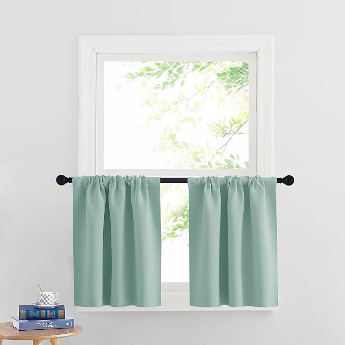 RYB HOME Cafe Blackout Curtains 24 inch Length, RV Camper Window Curtains | Short Small Half Window Tiers, Privacy, Thermal Insulated, Light UV Heat Blocking, Rod Pocket, W29 x L24, Aqua, 2 Panels by RYBHOME