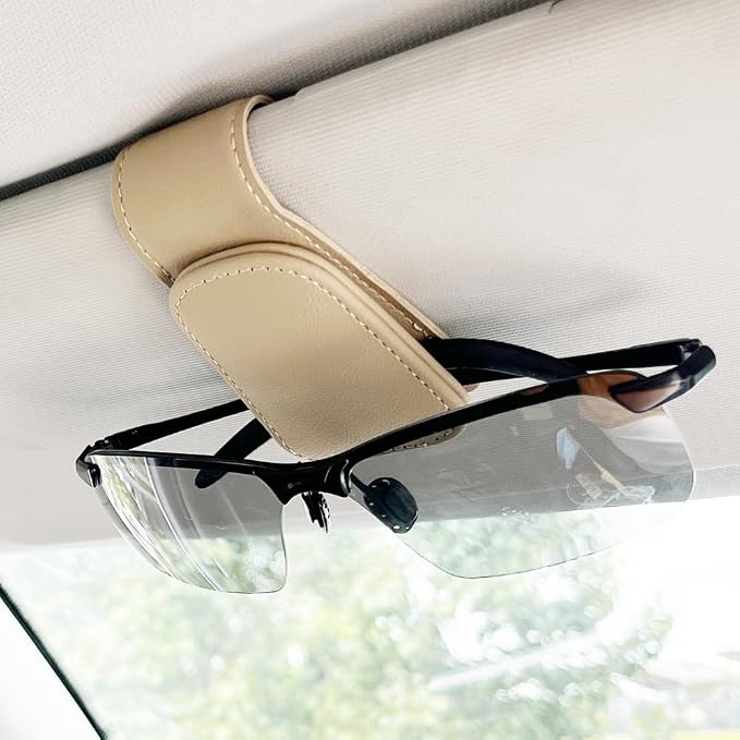 Sunglass Holder for Car, Magnetic Leather Eyeglass Hanger Clip for Car Sun Visor, Sunglasses Holder and Ticket Card Clip for Car Visor Accessories (1Pack Beige) - Image 3