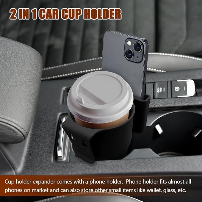 Car Cup Holder Expander, Cup Holder for Car, 2-in-1 Mobile Phone Drink Adapter, Auto Interior Accessories Multifunction Auto Seat Back and Armrest Box Storage Device for Most Vehicles (Black) - Image 3