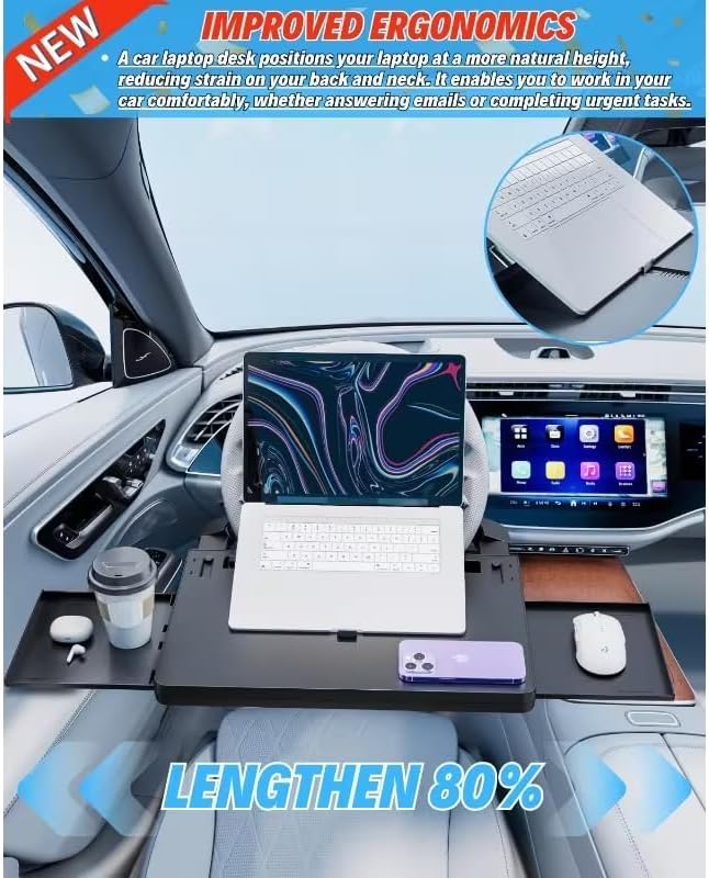 Portable Large Steering Wheel Tray Table for Car - Adjustable Laptop Holder Desk & Food Trays, Car Tray that Fits Over Steering Wheel Cover, Eating Food & Working, Driver Office Accessories - Image 2