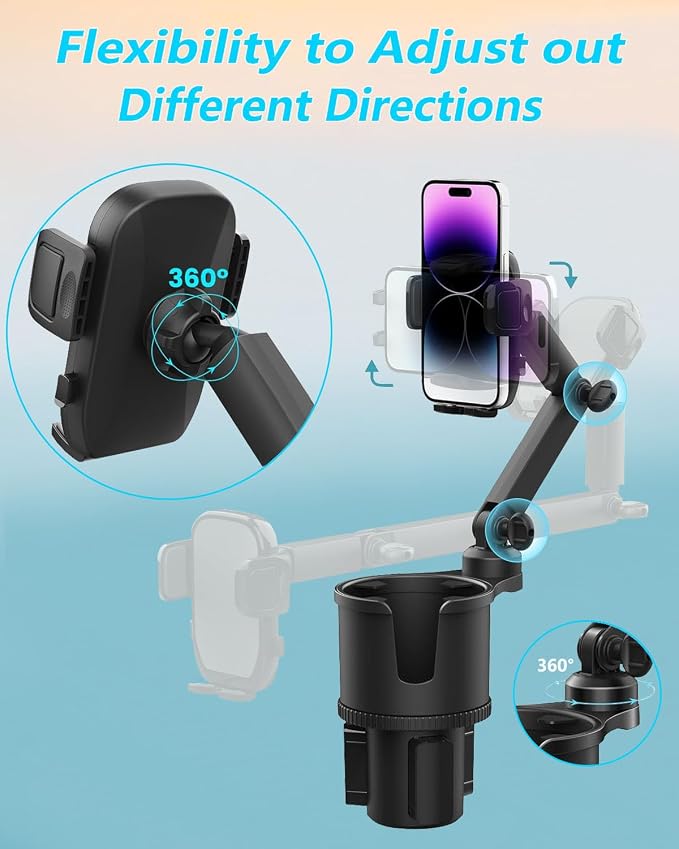 2-in-1 Cup Phone Holder for Car, 360° Adjustable Car Phone Mount | Anti-Slip Phone Cup Holder Long Arm, Fits 2.5–4" Cup Slots, Stable Holds Phones & Large Bottles, Compatible iPhone 17/16 Pro - Image 3