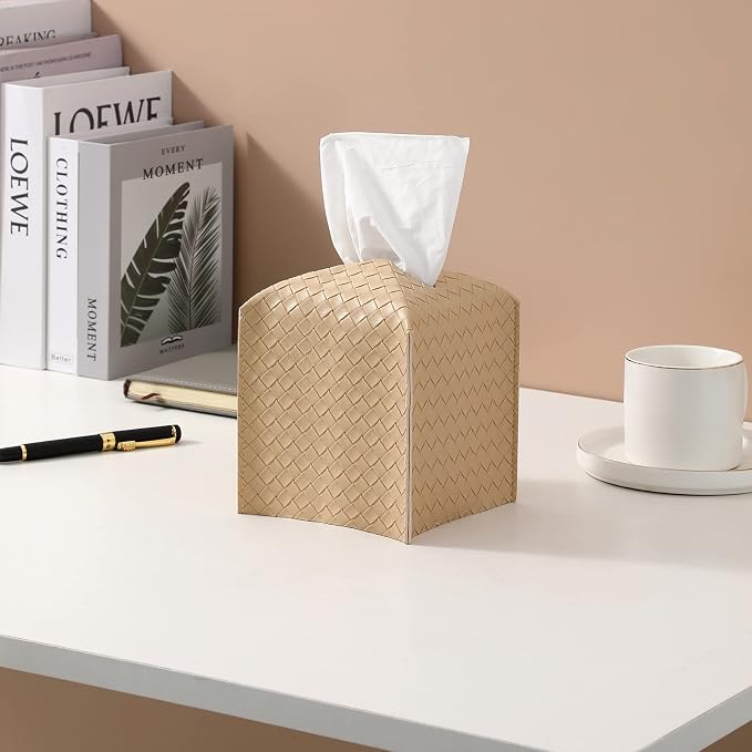 Tissue Box Cover PU Leather Tissue Holder Square Facial Tissue Case Facial Paper Organizer Dispenser for Bathroom, Vanity Countertop, Tabletop, Car, Rice Apricot | PU Leather，Easy to Fill, Easy Clean, Decorative Cube Tissue Box Holder for Office, Bathr... - Image 2