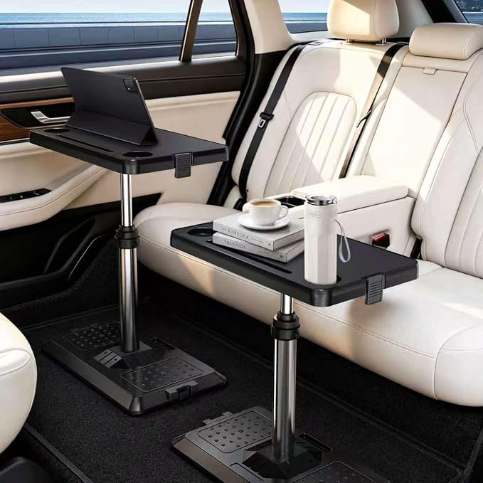 Car Seat Tray Table, Multi-Function Adjustable Tray for Work & Eat | Pneumatic lift, 360° rotatable top, tool-free car tray. High-density composite holds 10kg, anti-slip base by LXRIUN