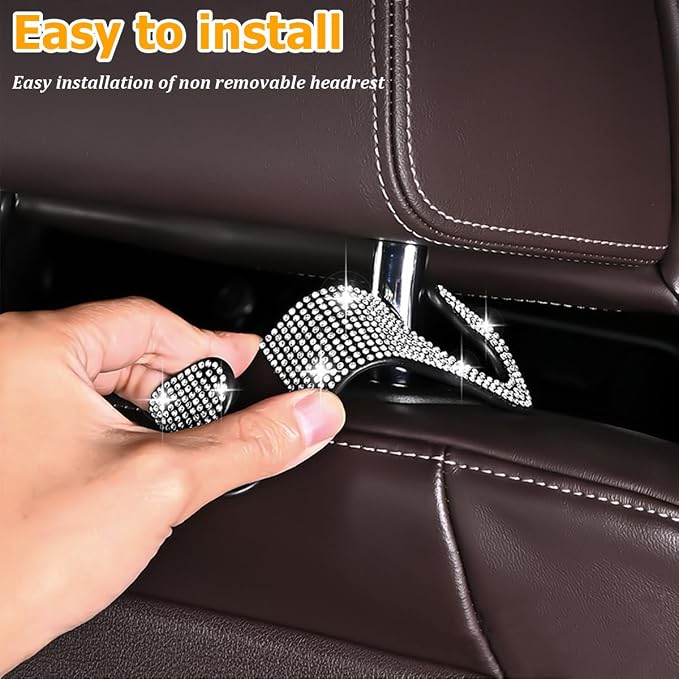 Zpana 4PCS Bling Car Seat Headrest Hooks, Vehicle Back Seat Purse Handbag Hanging Holder with Crystal Rhinestone, Diamond Storage Organizer Hook, Universal Automotive Accessories (Black/AB) | Vehicle Back Seat Purse Handbag Hanging Holder, Crystal Diam... - Image 5