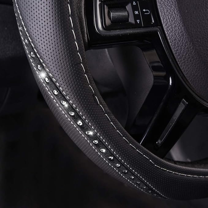 CAR PASS Bling Diamond Black Leather Steering Wheel Cover, Studded Crystal Rhinestones Universal Fit 14" 1/2-15" Glitter for Women Sparkle Girl Fit Suvs,Vans,Sedans,Car,Trucks, Silver Diamond - Image 2