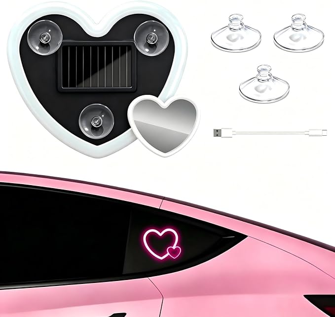 Rechargeable Solar-Powered Wireless Double-Heart LED Light for Car Decor | with 6 Lighting Modes and Vibration Sensor, Romantic Ambient Gift for Couples/Women/Men, Pink, 1 Pcs by Unknown