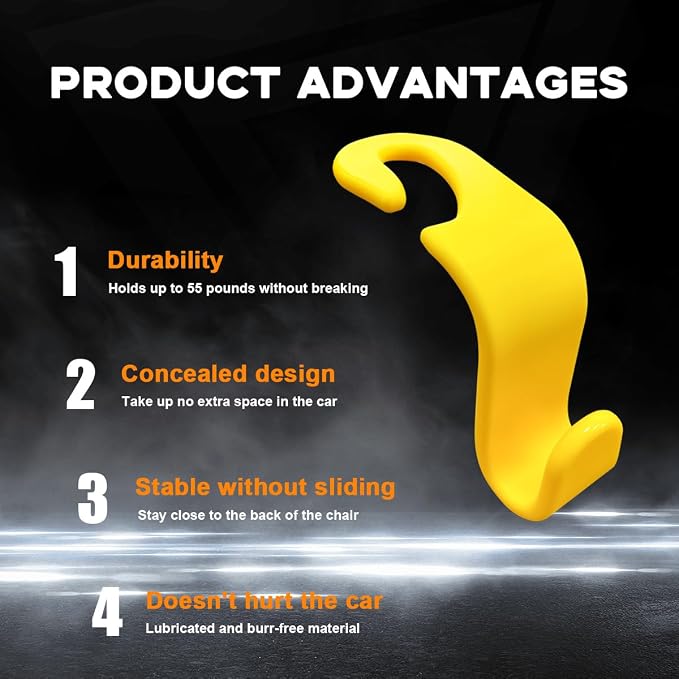 povtii 4PCS Car Seat Headrest Hook, Auto Back Seat Hanging Storage Organizer, Vehicle Seatback Hanger Holder for Purse Handbag Coat Umbrella, Universal Interior Car Accessories (Yellow) - Image 3