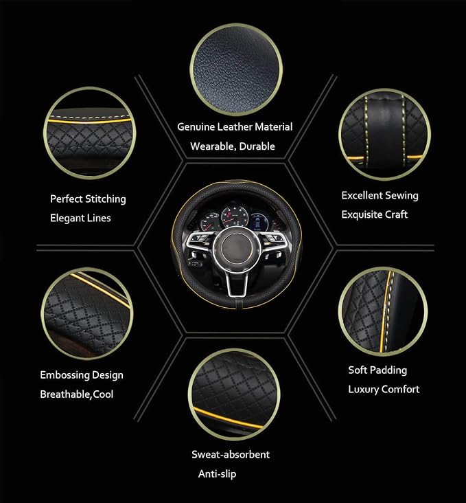 Gomass Car Steering Wheel Cover, Anti-Slip, Safety, Soft, Breathable, Heavy Duty, Thick, Full Surround, Sports Style (Black with Yellow Line) - Image 3