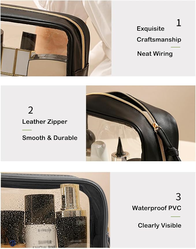 3Pcs Travel Clear Makeup Bag Set for Women, Transparent Toiletry Bag with Zipper Portable Makeup Pouch Organizer Waterproof Small Cosmetic Bag Compact Car Bag Organizer Car Accessories (Black Set) - Image 6
