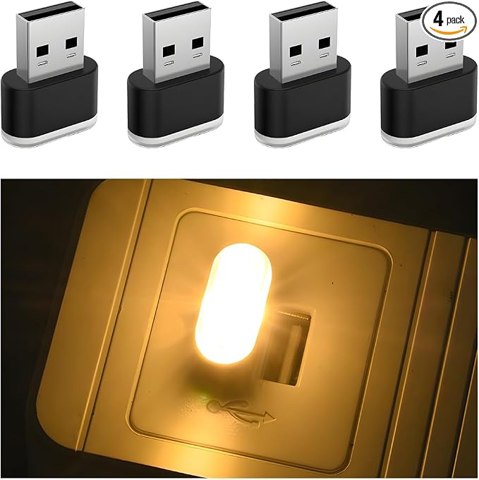 4PCS USB LED Car Interior Atmosphere Lamp, Portable Plug-in Mini Vehicle Night Light, Automotive Trunk Ambient Lighting Decoration Kit, Universal for SUV Sedan Truck (Warm) by Unknown