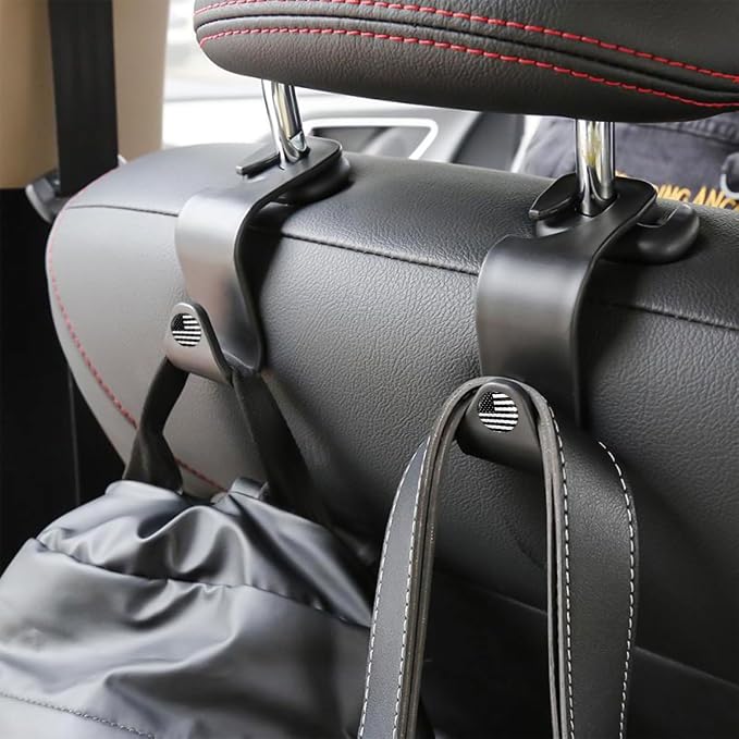 4 Pack Headrest Hooks for Vehicle Seats, Black/Black Flag | rear-row hanging storage, supports bags coats and groceries, fits matching headrest posts, interior accessory - Image 5
