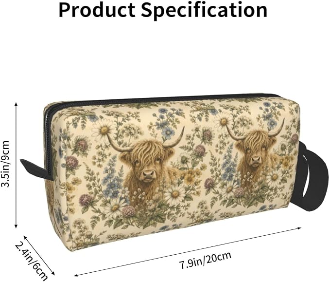 Highland Cow Wildflower Meadow Small Makeup Bag for Women | Double-Sided Highland Cow Floral Cosmetic Organizer with Foam Padding for Women, Travel, Gym, School, and Daily Storage - Image 3