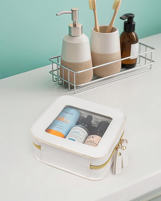 Mini Makeup Bag,Clear Makeup Bag Cute Travel Makeup Case Pouch Purse Essentials Car Accesories for Women,Travel Essentials Organizers (Off White, Mini-Chic) - Image 5