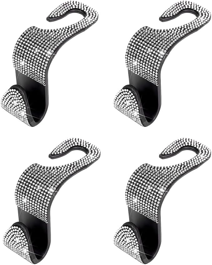 4PCS Bling Car Seat Headrest Hooks, Crystal Rhinestone Vehicle Back Seat Hanger Holder, Auto Interior Headrest Hanging Storage Organizer for Purse Handbag Coat, Universal Fit (White) - Image 7