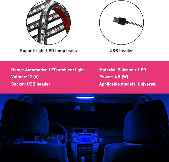 Car LED Strip Light, 24 LEDs RGB Neon Interior Atmosphere Lights, 12V Under Dash Ambient Night Light, USB Port Auto Interior Decorative Lamp, Universal Car Accessories (Blue) - Image 3