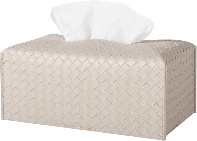 Tissue Box Cover Short Rectangle Leather Facial Paper Holder, Griege | PU Leather，Easy to Fill, Easy Clean, Decorative Cube Tissue Box Holder for Office, Bathroom,Kitchen, Living room, Guest room by zoocatia
