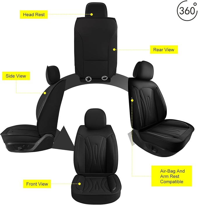 Front Seat Covers for Toyota Avalon 2001-2022 Faux Leather | Waterproof Breathable Scratch Resistant 360° Wrap Airbag Compatible Easy Clean (2 Seats,Black ) - Image 7