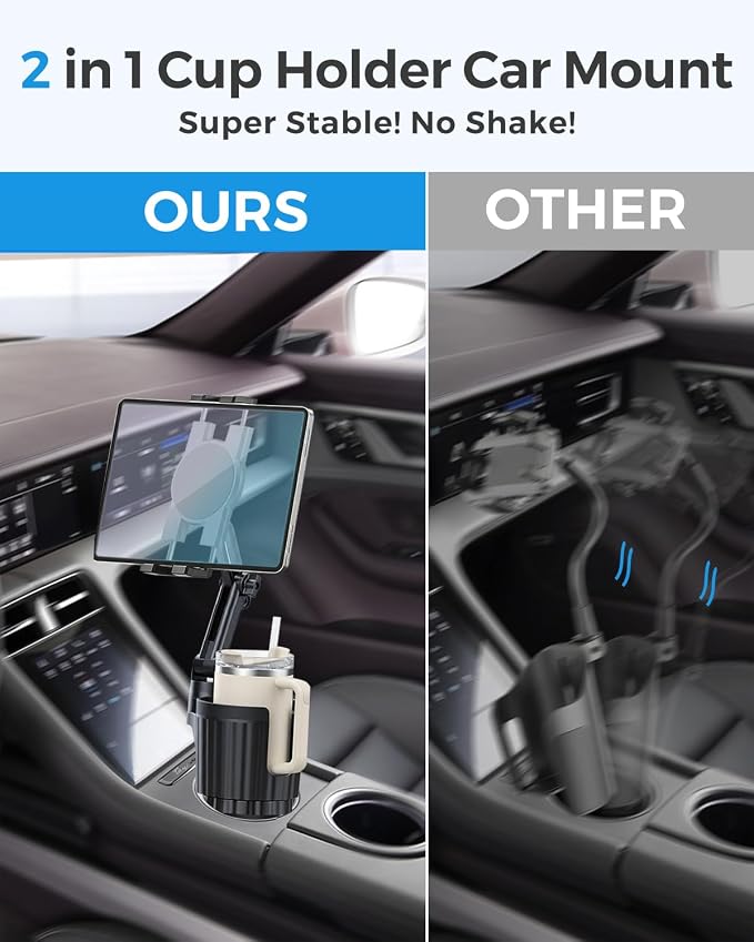 Porfortop 2-in-1 Cup Holder Tablet Mount Expander, 2-Section Foldable 15" Height Adjustable Arm & 360° Rotation, Universal Fit for iPad, iPhone, All Smartphones and Most Bottles for Car SUV Truck - Image 8