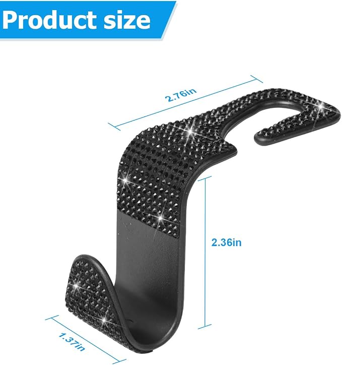 Zpana 4PCS Bling Car Seat Headrest Hooks, Crystal Rhinestones, Black | Vehicle Back Seat Purse Handbag Hanging Holder, Crystal Diamond Design for Girls, Storage Organizer Hook, Universal Fit - Image 2