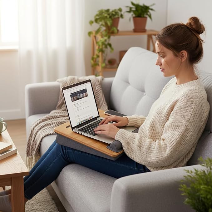 Bamboo Lap Desk for Laptop with Cushion Tablet Phone Holder Handle | Laptop Stand with Anti-Slip Strip Fits up to 15.6 inch Portable Computer Lap Desk for Couch, Bed & Car - Image 9