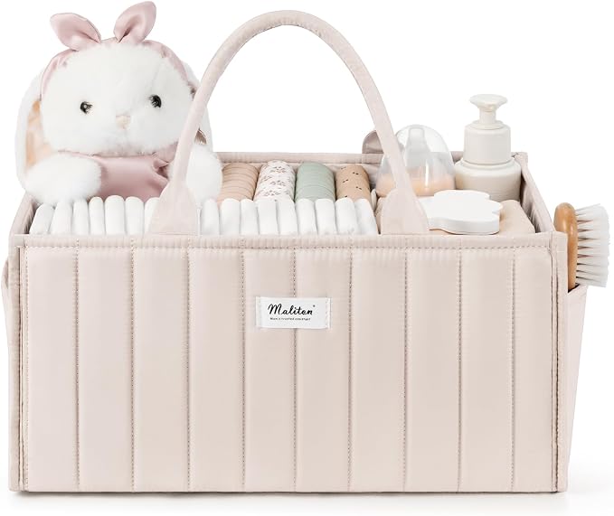 Maliton Baby Diaper Caddy Organizer with 2 Side Pockets, Portable, Beige | with Handle and Removable Dividers, Nursery Storage Basket, Car Organizer for Diapers & Wipes. Boy & Girl Shower Gift by Maliton