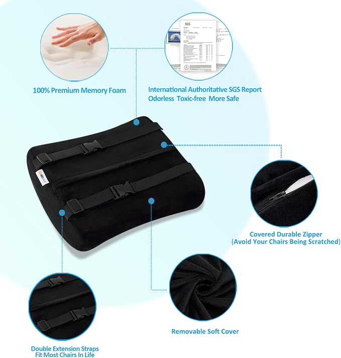 SAIREIDER Comfortable Lumbar Support Pillow for Office Chair, Memory Foam Back Support Pillows for Car、Gaming Chair、 Home Chair, Back Pain Relief Improve Posture, Double Adjustable Straps(Black) - Image 4
