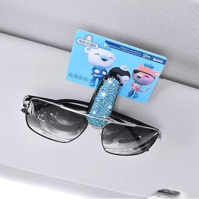 Turcee Set of 2 Bling Rhinestone Car Sun Visor Glasses Holders with Anti-Scratch Sponge,Car Decoration for Women Girls,Ticket Card Clip Visor Organizer (Lake Blue) - Image 7