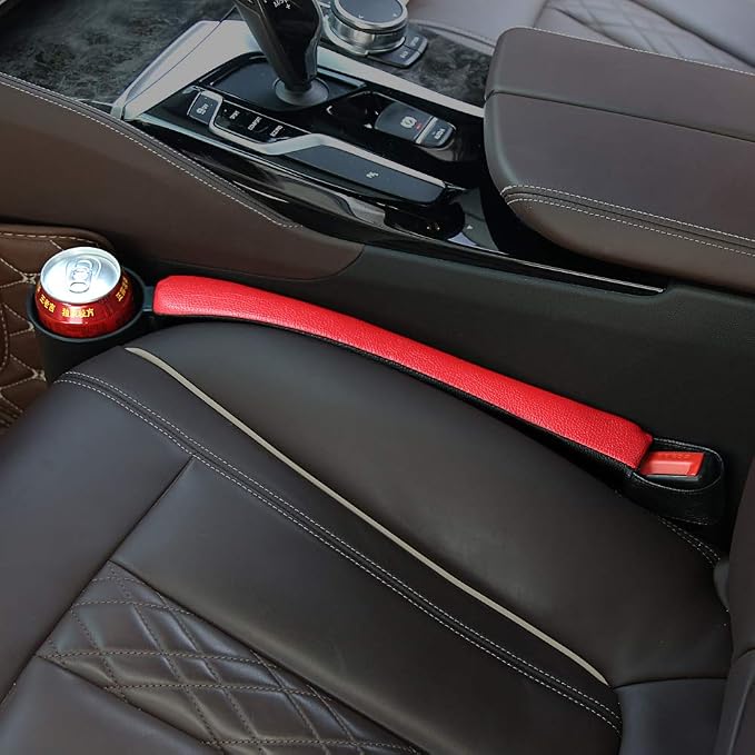 Supin 2 Prices Car Seat Gap Filler Pad PU Leather Console Side Pocket Organizer and one Cup for Cellphone Wallet Coin Key (Black+Red) - Image 2