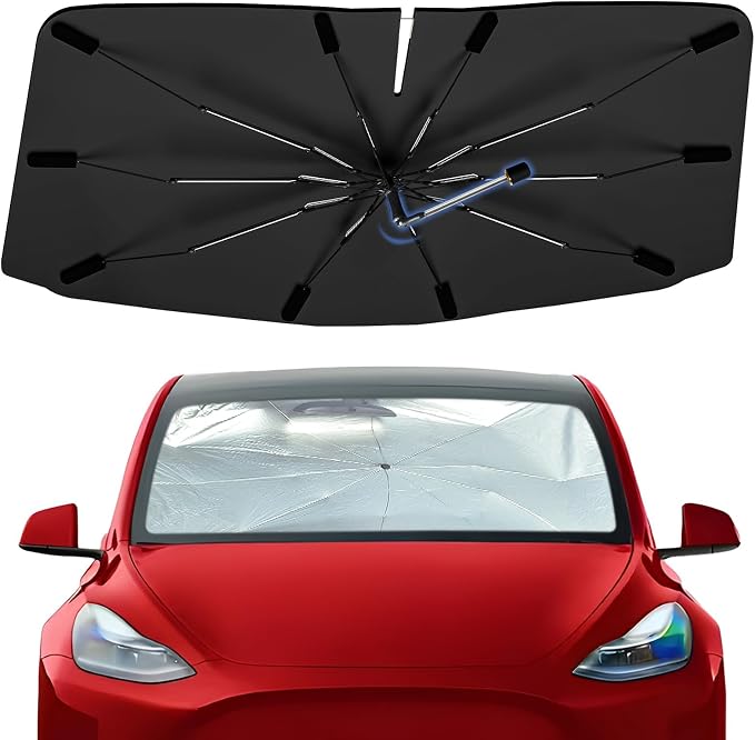 Windshield Sun Shade Umbrella for Tesla Model Y 2020-2025 Juniper 2026 | Foldable Car Sunshade, 360 Rotation Automotive UV Protection for Outdoor Parking, Keep Car Cool by Bocvam