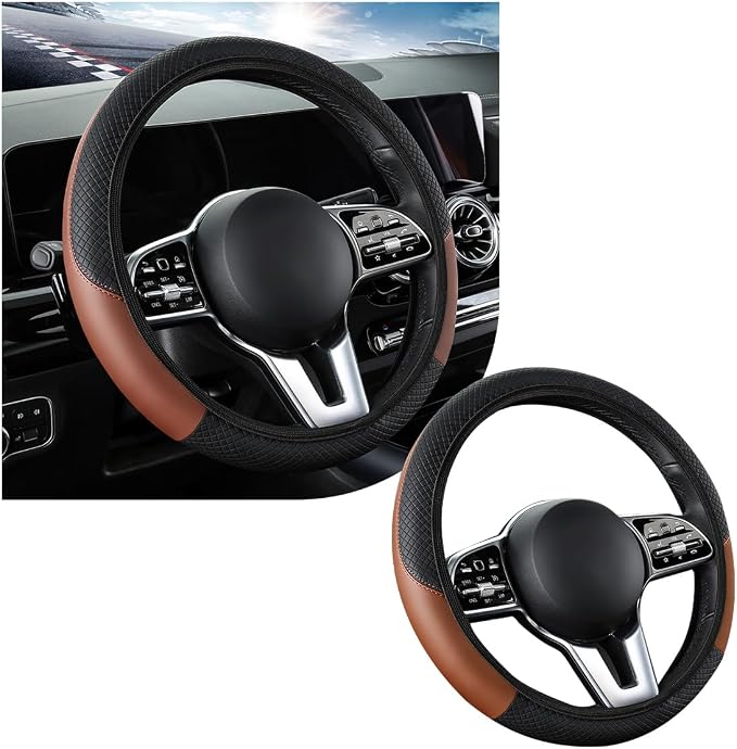povtii Car Steering Wheel Cover, 15 Inch Leather Breathable Auto Steering Wheel Protector, Comfortable Non-Slip Vehicle Steering Wheel Covers, Universal Interior Car Accessories (Black+Coffee, AD) by povtii