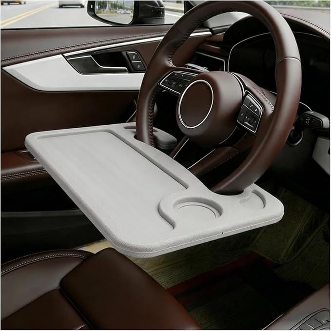 Car Steering Wheel Desk, 2 in 1 Multipurpose Auto Steering Wheel Tray with Drink Holder and Pen Slot, Portable Vehicle Computer Office Table Travel Accessories for Laptop, Food (Gray) by Unknown