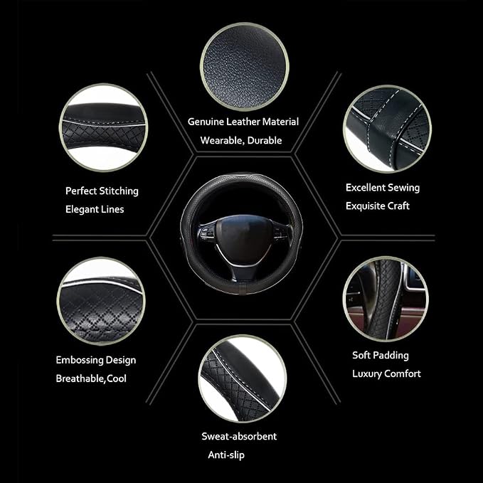 Car Steering Wheel Cover, Anti-Slip, Safety, Soft, Breathable, Heavy Duty, Thick, Full Surround, Sports Style (Black with White Line) - Image 2