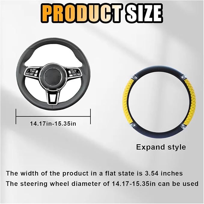 JOYCOURT 15 Inch Bling Soft Leather Car Steering Wheel Cover, Yellow | Colorful Rhinestones Design, Auto Elastic Protector for Women Girls, Crystal Diamond Car Accessories for Most Cars, SUVs - Image 2