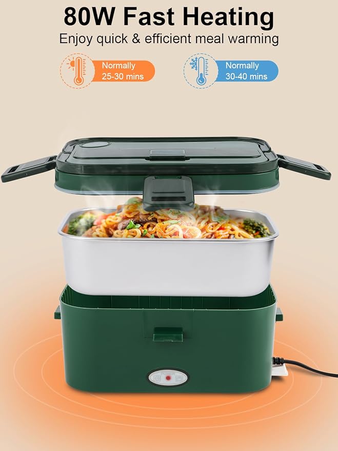 SOHIDA 1.8L Heated Lunch Box, 80W Electric Lunch Box with Long-handled Utensils for Adults, 12V/24V/110V Lonchera Eléctrica Portátil, Portable Food Warmer for Car/Truck/Office - Green - Image 3