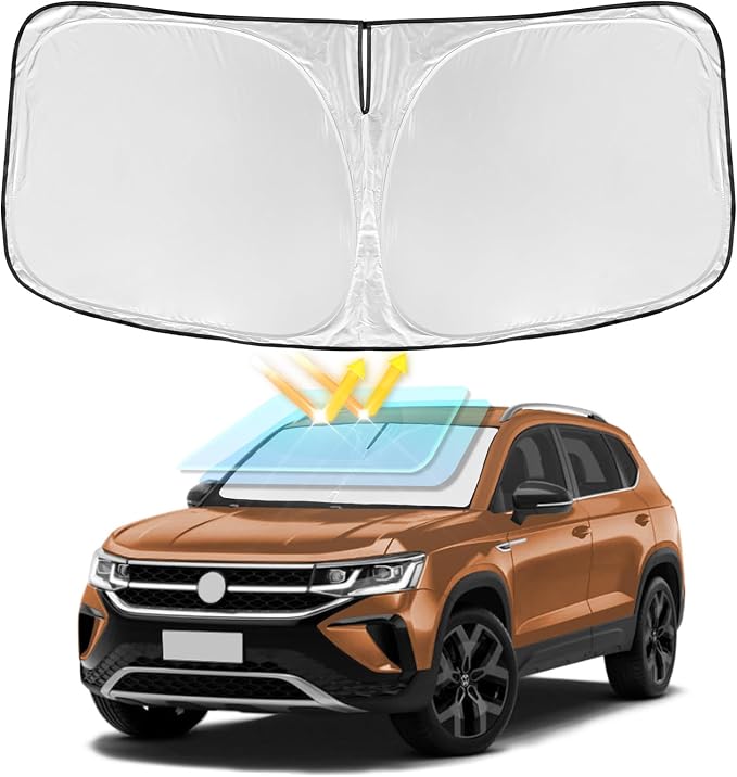 Windshield Sun Shade for Volkswagen VW Taos 2022-2025 2026 4 Layers | Front Windows Shade Cover Custom Fit VW Taos Sun Visor 250T Retractable Shade Blocks UV Rays Car Accessories by ZOIBVCARSUNSHADE