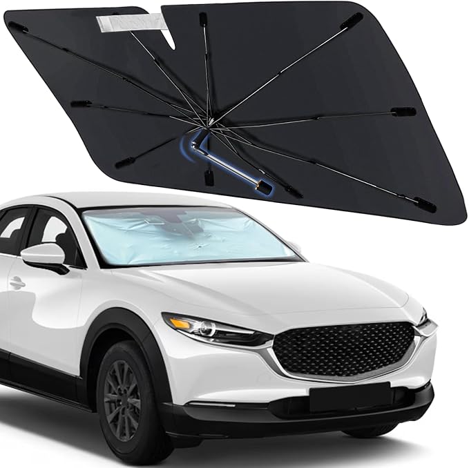 Windshield Sun Shade Umbrella for Mazda CX-30 2019-2024 Front Windows | Foldable Car Sunshade with 360° Rotating Shaft, Custom fit CX-30 Sun Visor Shield for UV Blocking and Heat Insulation by Visufy