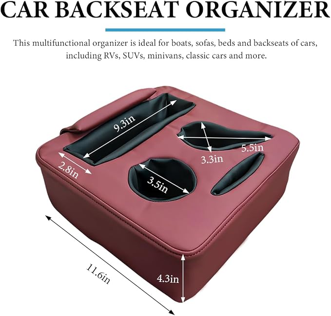 Car Back Seat Organizer, Leather Automotive Rear Seat Couch Cup Holder Expander Tray, Vehicle Cup Holder Tray Holds Snacks Remotes Phones for Truck RV Boat Couch Pillow Bed (Wine Red) - Image 2