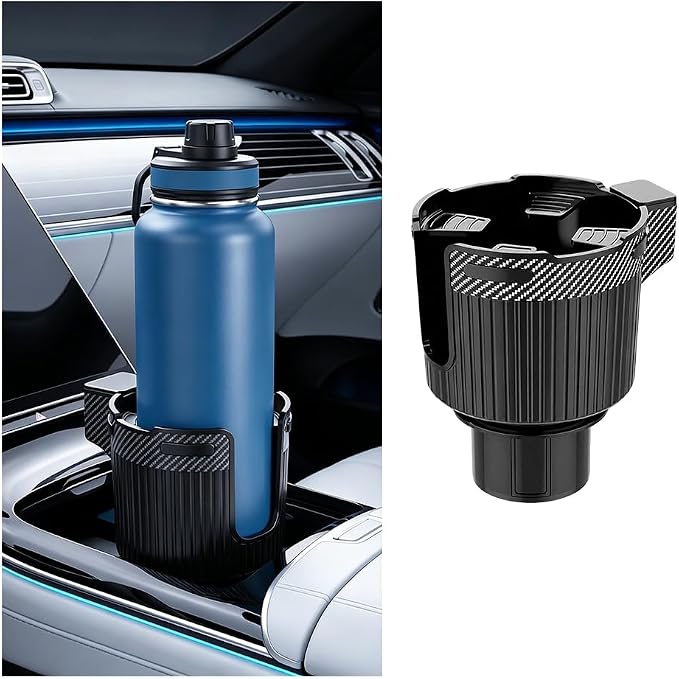 Car Cup Holder Expander with Adjustable Base for Large Bottles | U-shaped handle slot, holds bottles and mugs, secure non-slip support, quick twist adjustment, automotive accessories by BCOWPV